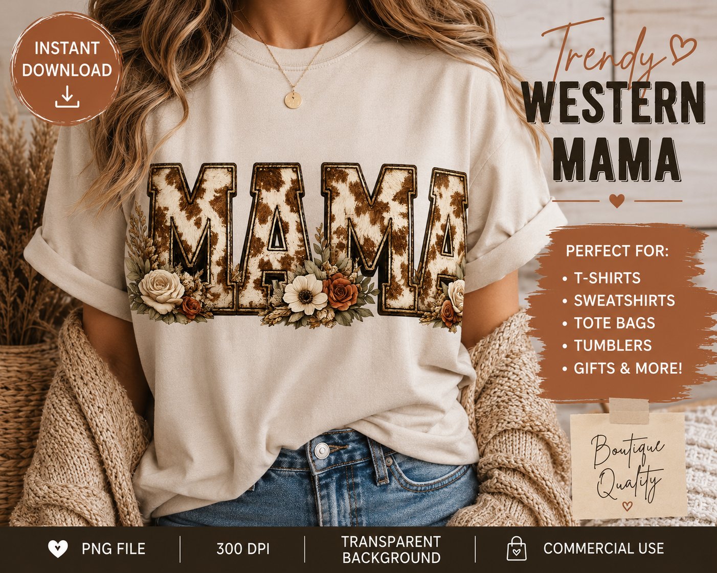 Mama Cow Print PNG | Western Floral Trendy Mom Shirt Design