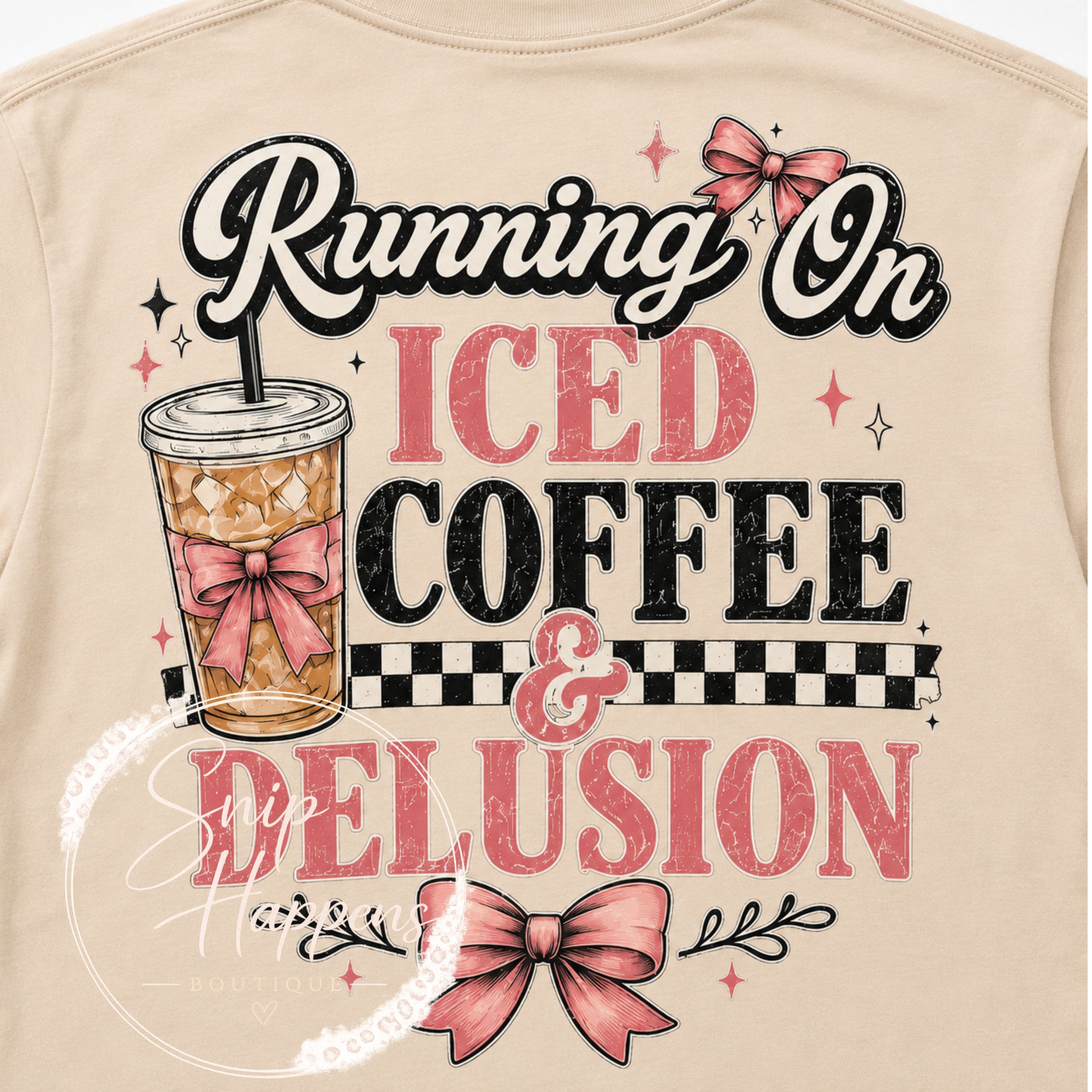 Running On Iced Coffee & Delusion Shirt | Retro Coffee Lover Tee | Coquette Bow Shirt
