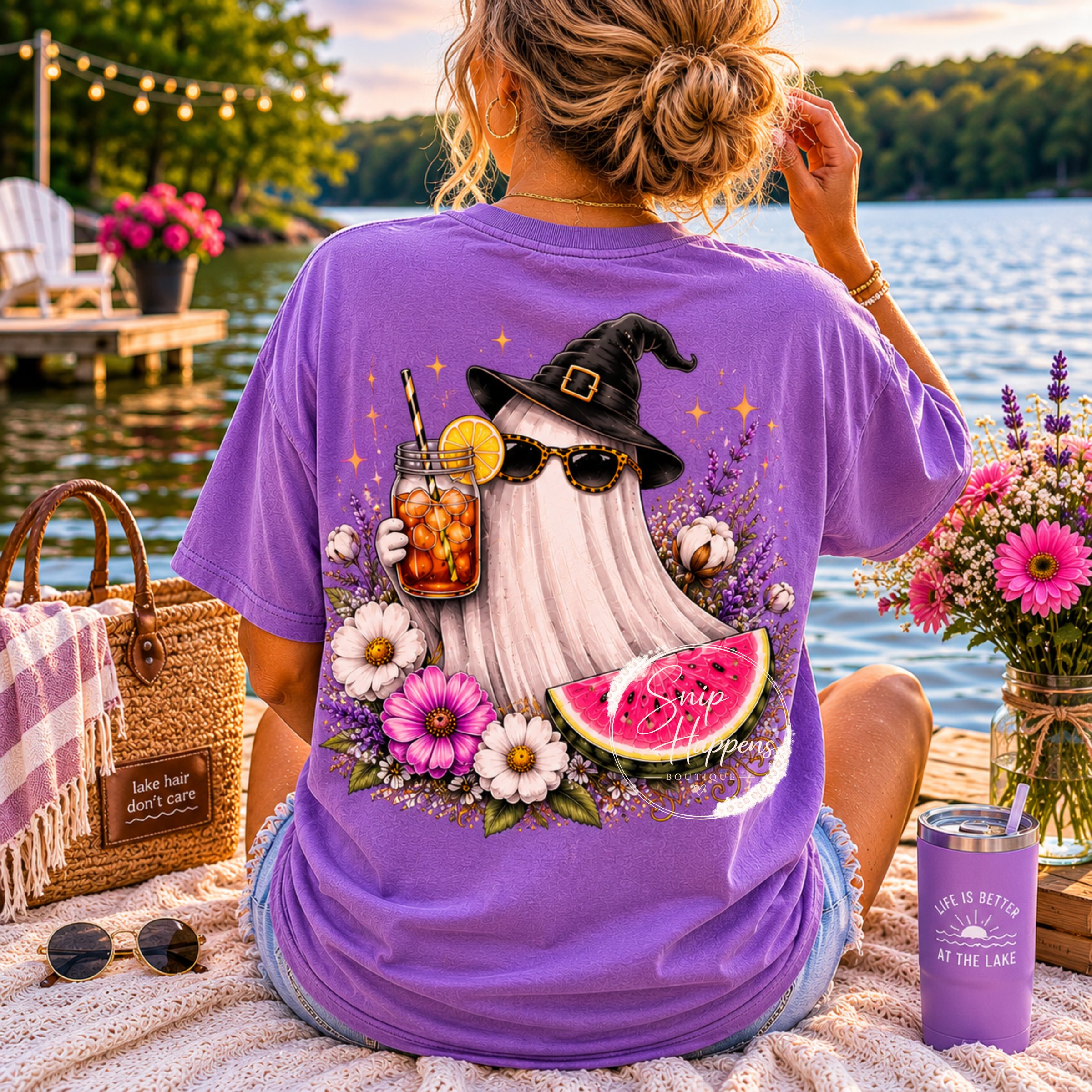 Cute Summer Ghost Witch Comfort Colors® shirt featuring a stylish ghost, sweet tea, watermelon, and floral accents.