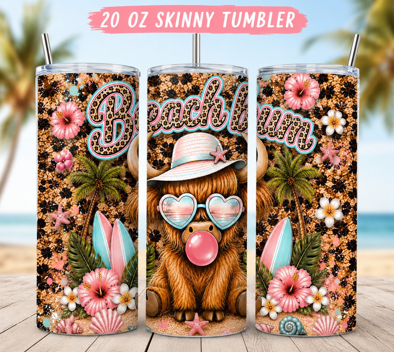 Beach Bum Highland Cow 20oz Skinny Tumbler | Summer Beach Tumbler