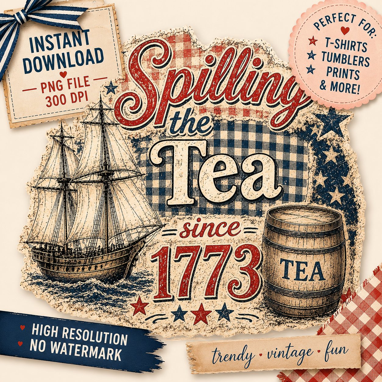 Spilling the Tea Since 1773 PNG | Patriotic Vintage Coquette Shirt Design | 4th of July Sublimation Download